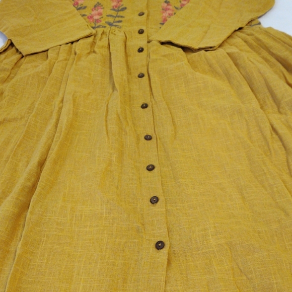 Bombay Paisley. Mustard Color 3/4 Sleeve Dress With Floral Embroidery - Picture 2 of 11